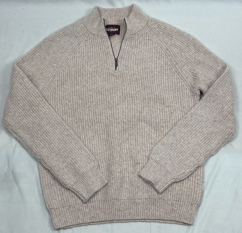 NEW ALESBURY Paxton Mens L Quarter Zip Chunky Knit Sweater Oatmeal/ Pale Pink